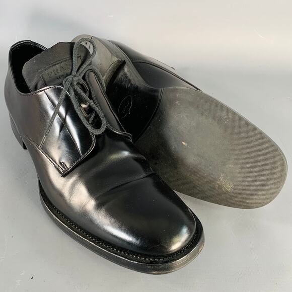 PRADA Size 10 Black Leather Nylon Derby Lace-Up Shoes main image 2
